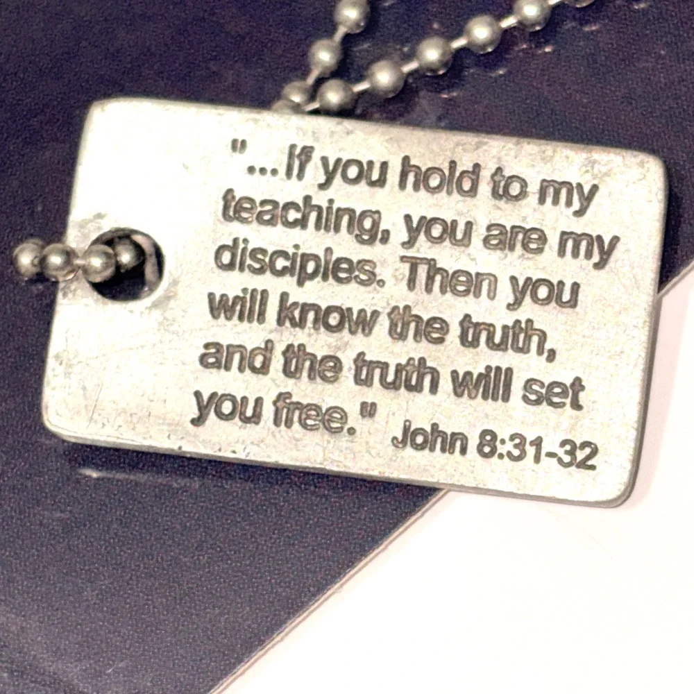 Full Strength Truth Dog Tag Necklace John 8:31-32 Christian Jewelry Silver Tone